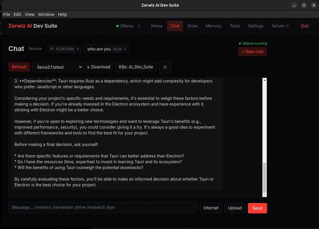 Chat interface with model selection, knowledge base, message input, and Send button.