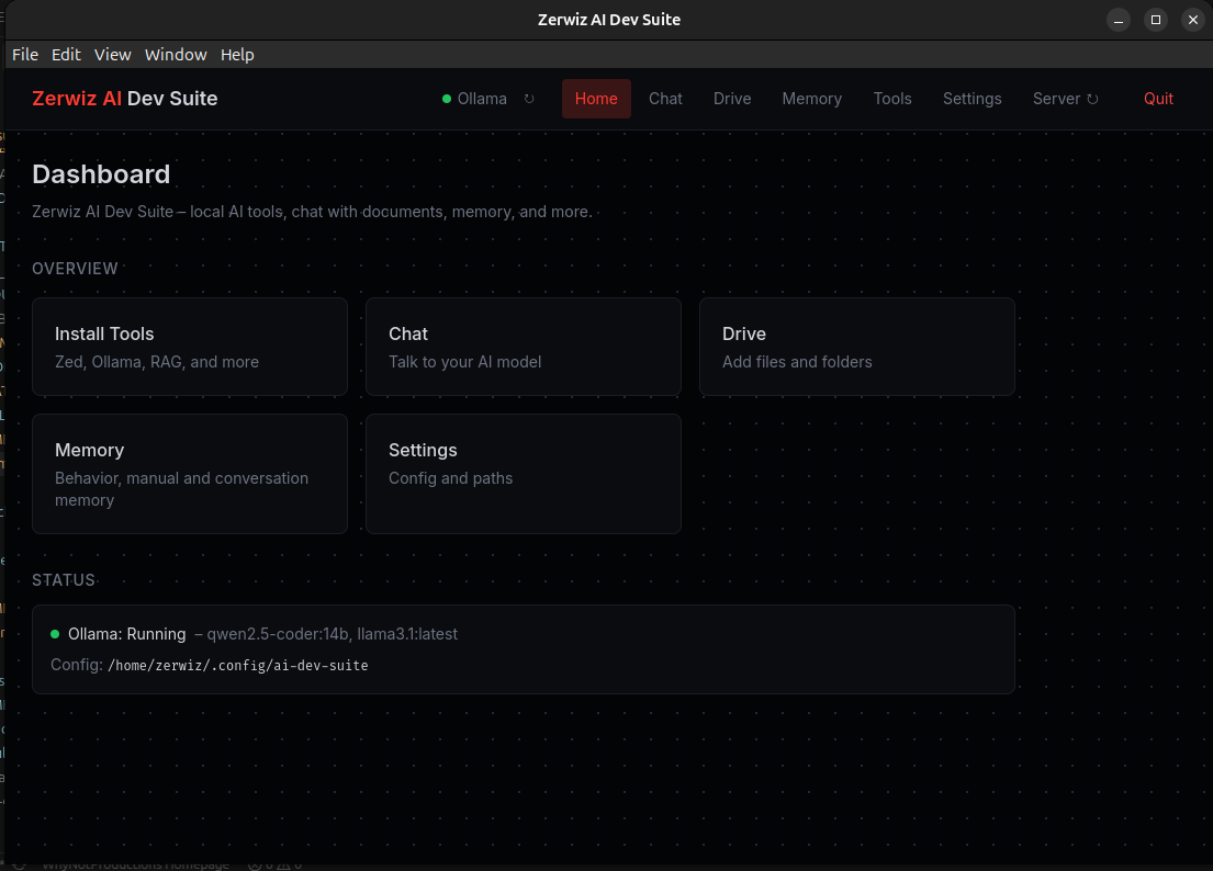 AI Dev Suite dashboard with overview cards: Install Tools, Chat, Drive, Memory, Settings. Ollama status and config path.