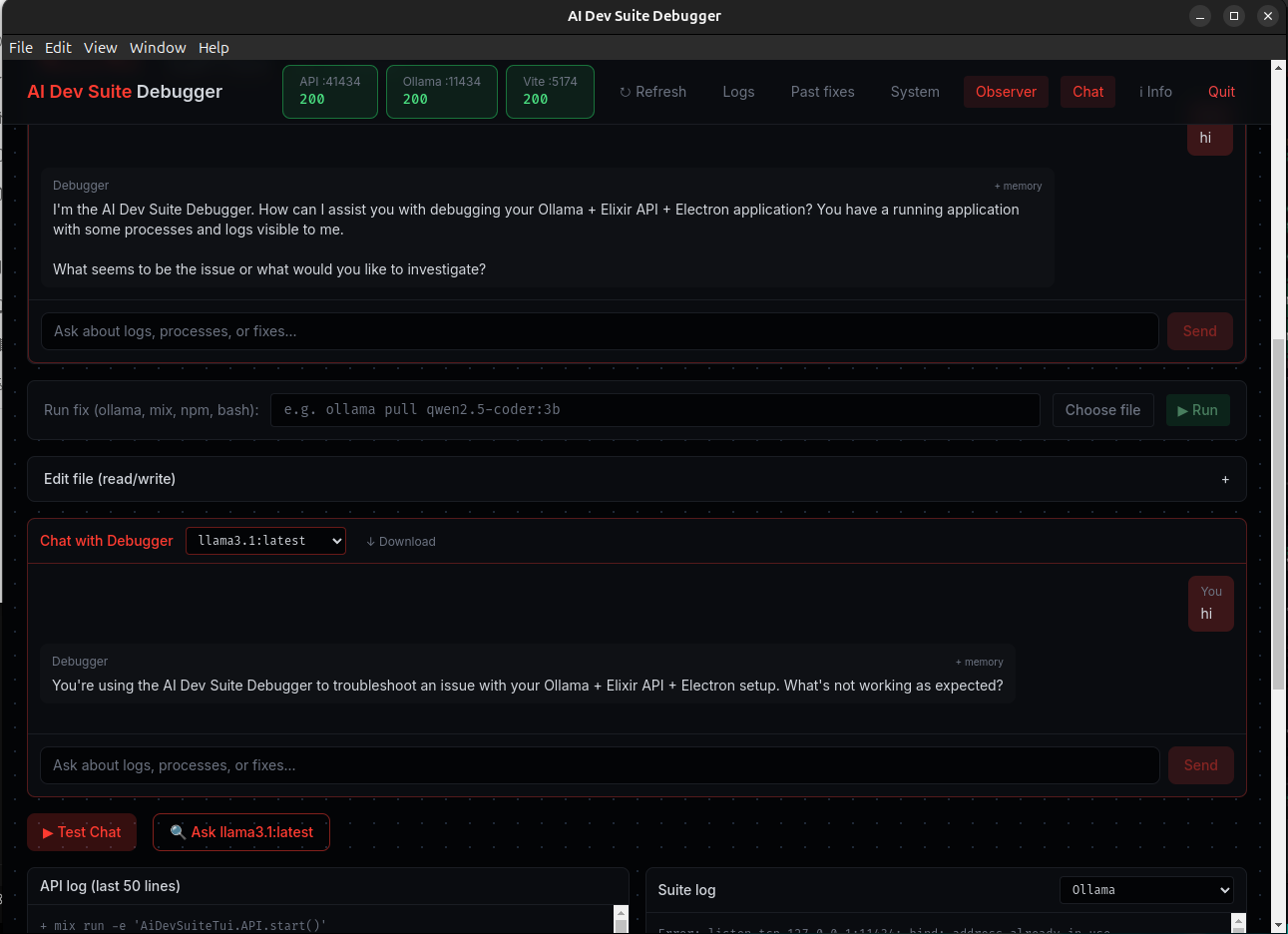 AI Dev Suite Debugger Chat view: status cards (API, Ollama, Vite), Run fix, Edit file, Chat with Debugger.