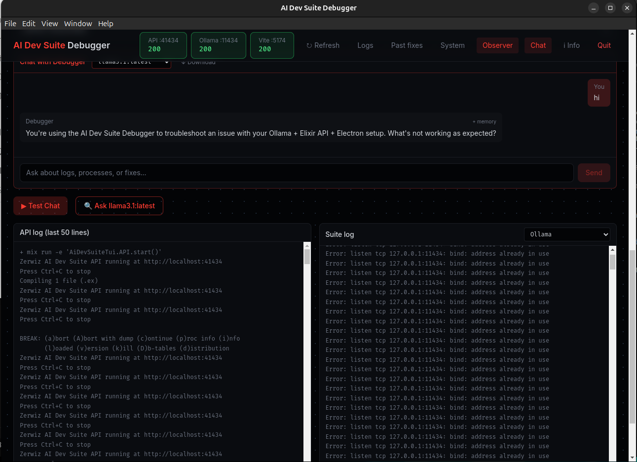 Observer Chat and log panels: API log, Suite log (Ollama), status indicators.