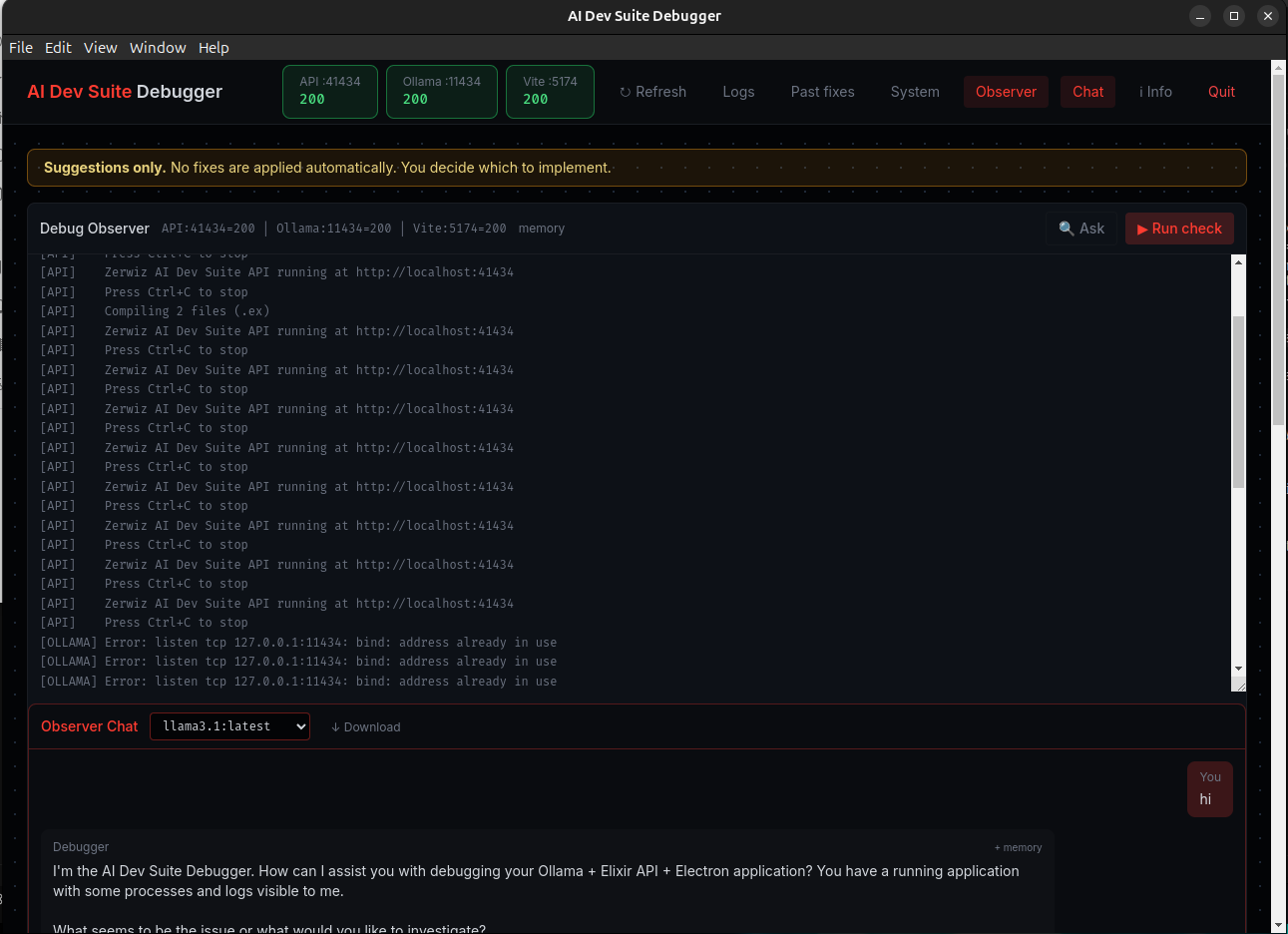 Debug Observer panel: combined API + Ollama log view, Ask and Run check buttons, memory link.