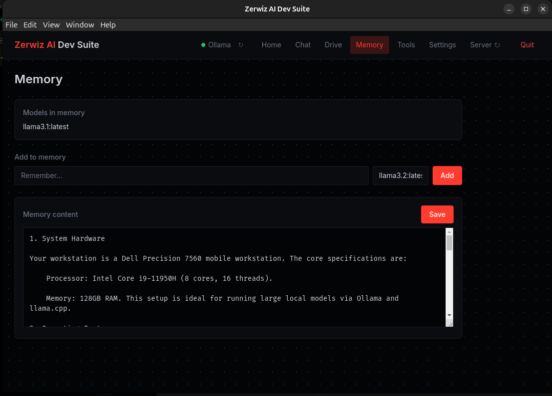 Memory: models in memory, add to memory, memory content with system hardware specs.