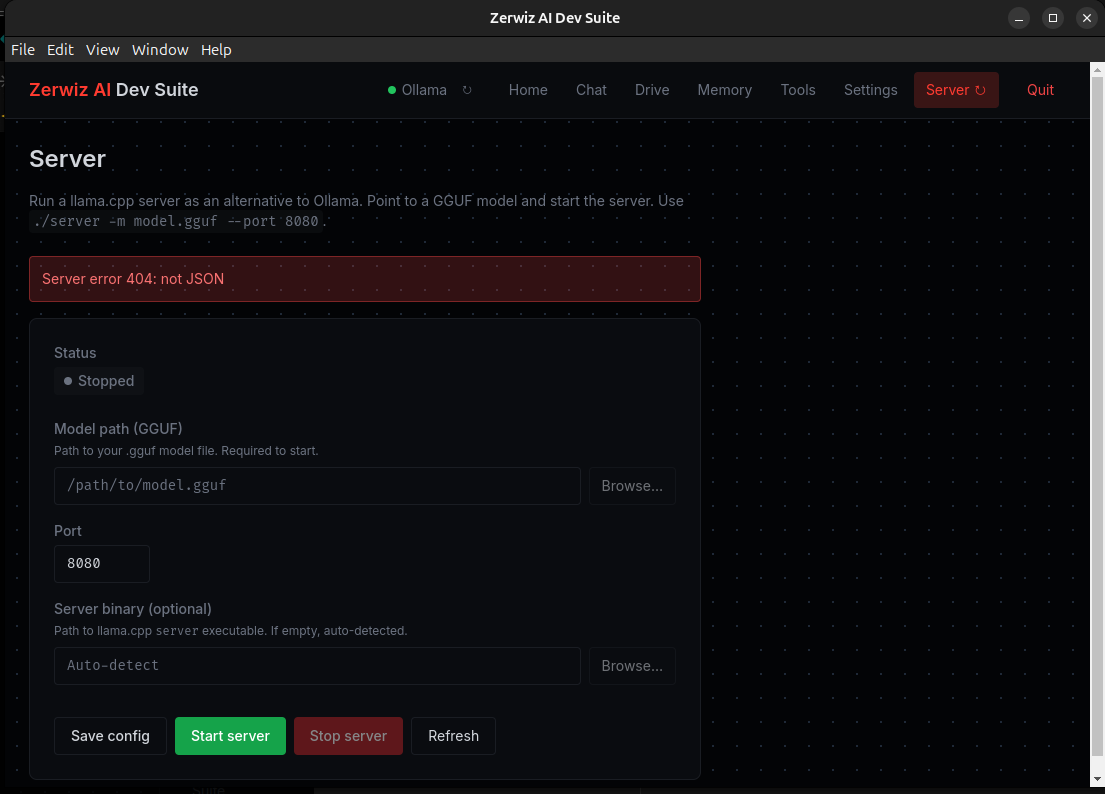 Server: llama.cpp configuration, GGUF model path, port, start/stop.