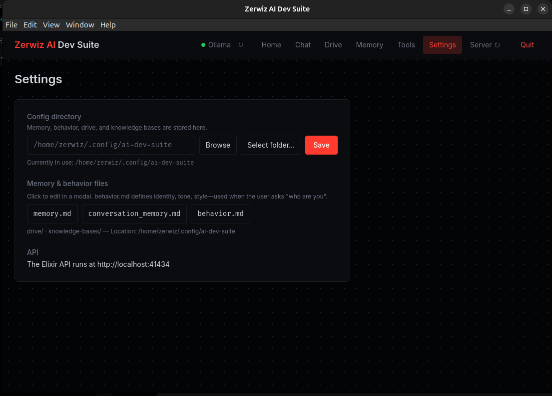 Settings: config directory, memory & behavior files, API info.