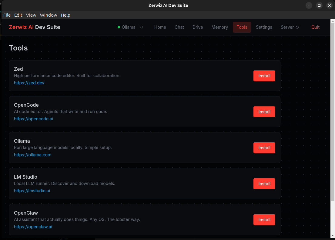 Tools: Zed, OpenCode, Ollama, LM Studio, OpenClaw with install buttons.