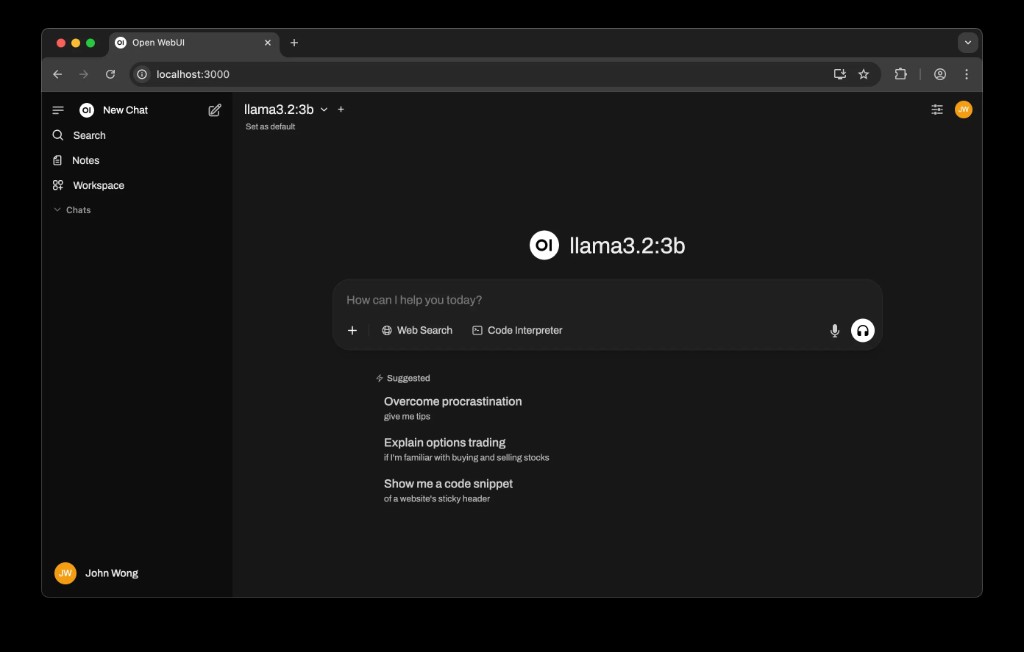 Open WebUI interface connected to a local Llama model, used as the browser front-end for Local AI.
