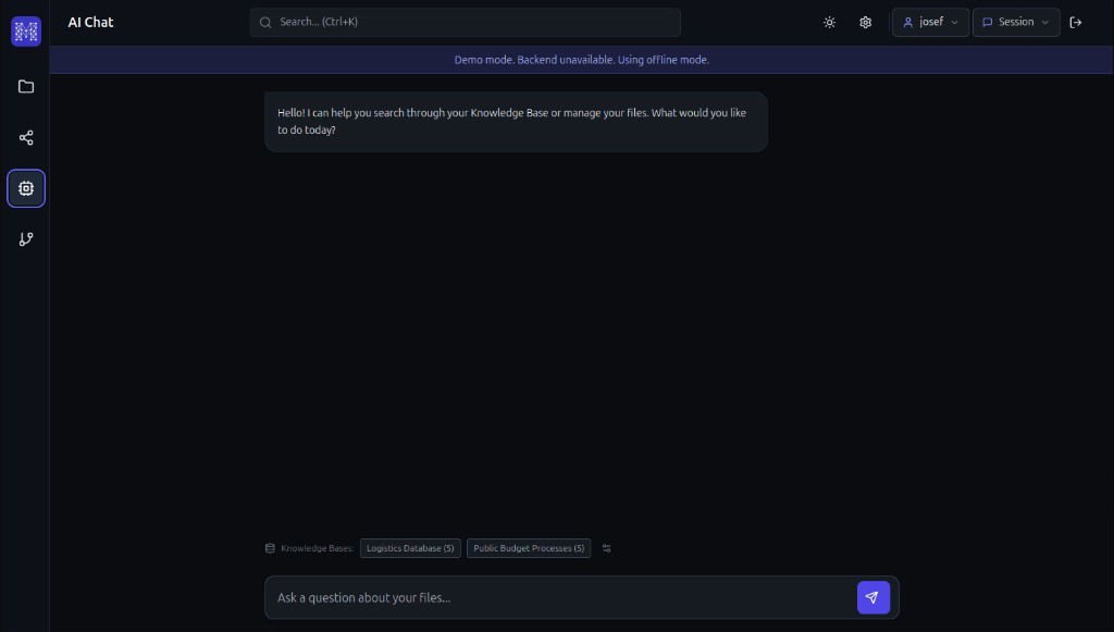 Mimir AI Chat: knowledge base tags, Ask a question about your files input, RAG-powered assistant.
