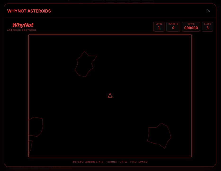 WhyNot Asteroids – shoot asteroids and enemy ships, collect power-ups; rotate, thrust, fire.