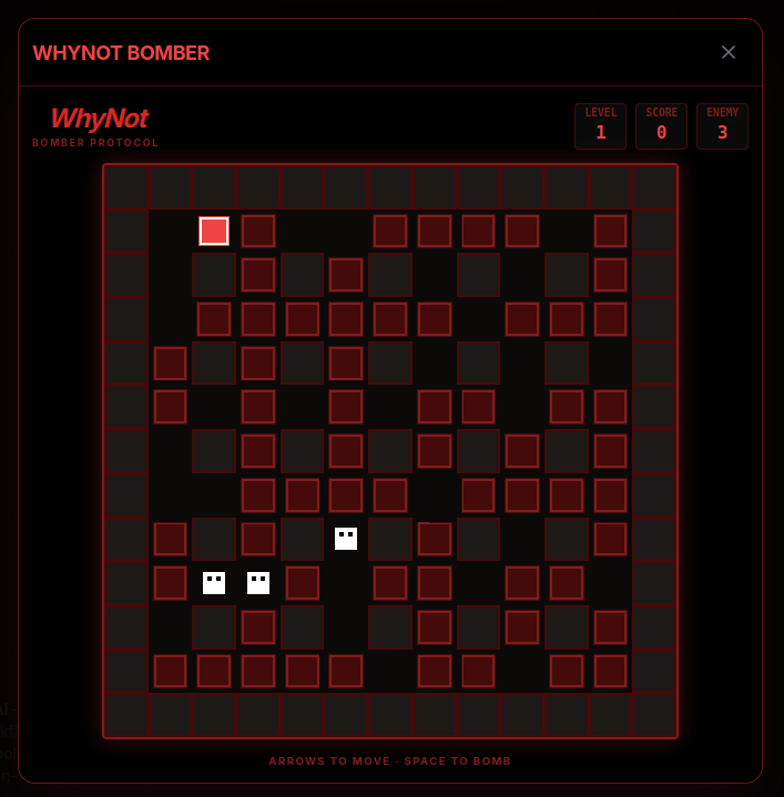 WhyNot Bomber – grid game: move with WASD, place bombs to clear blocks and defeat enemies
