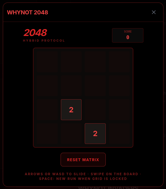 WhyNot 2048 Hybrid Protocol — merge tiles on a 4×4 grid; arrows or WASD to slide.