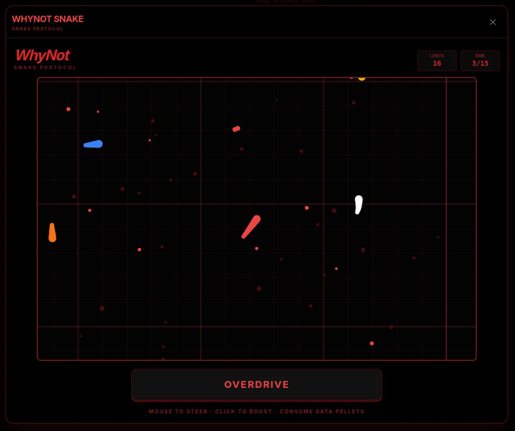 WhyNot Snake – mouse to steer, click to boost, consume data pellets.