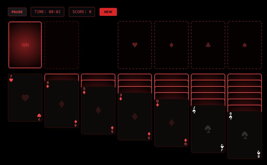 WhyNot Solitaire – Klondike card game with dark theme, draw pile and tableau