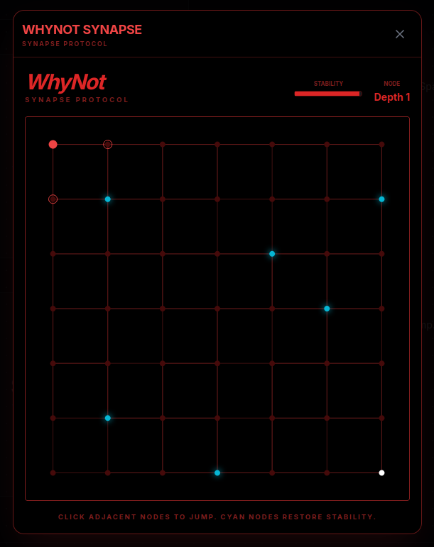 WhyNot Synapse – Click adjacent nodes to jump; cyan nodes restore stability; reach the core.