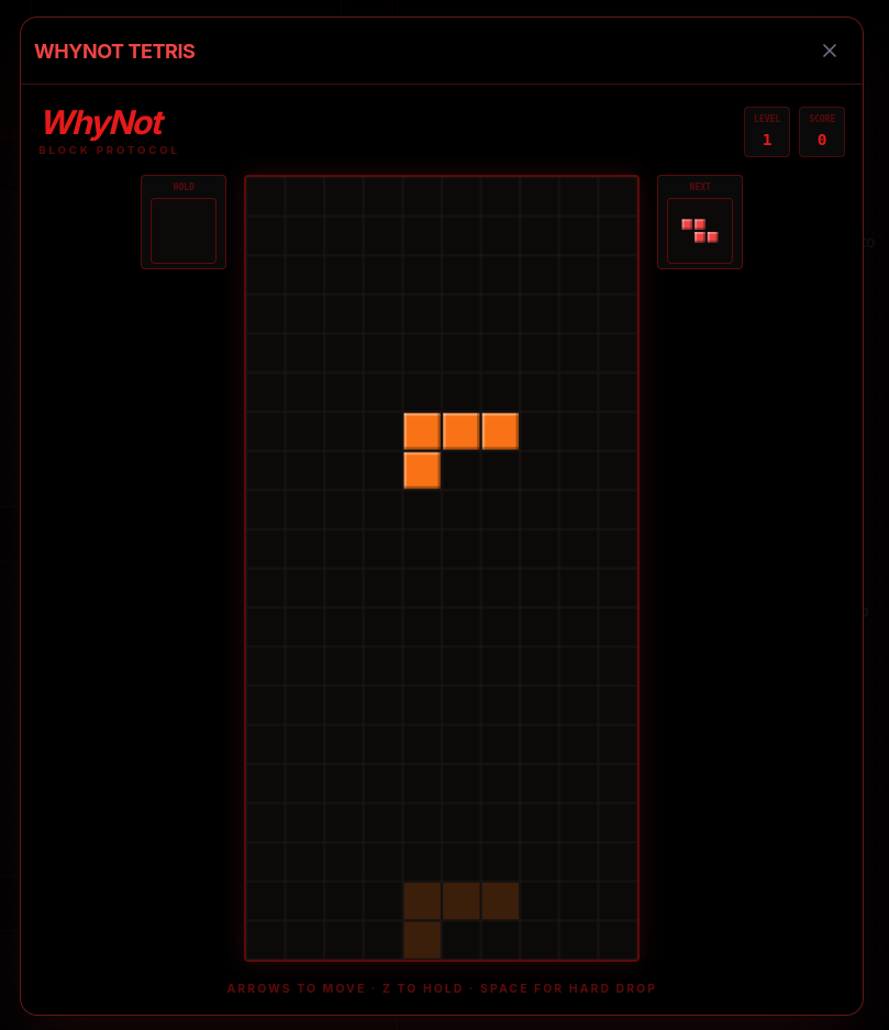 WhyNot Tetris – block falling game with Hold and Next; WASD to move, M to hold, Space for hard drop.